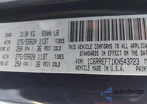 2019 Ram 1500 Big Horn/Lone Star 4X2 5'7 Box z USA, uszkodzony, nr VIN 1C6RREFT1KN543723